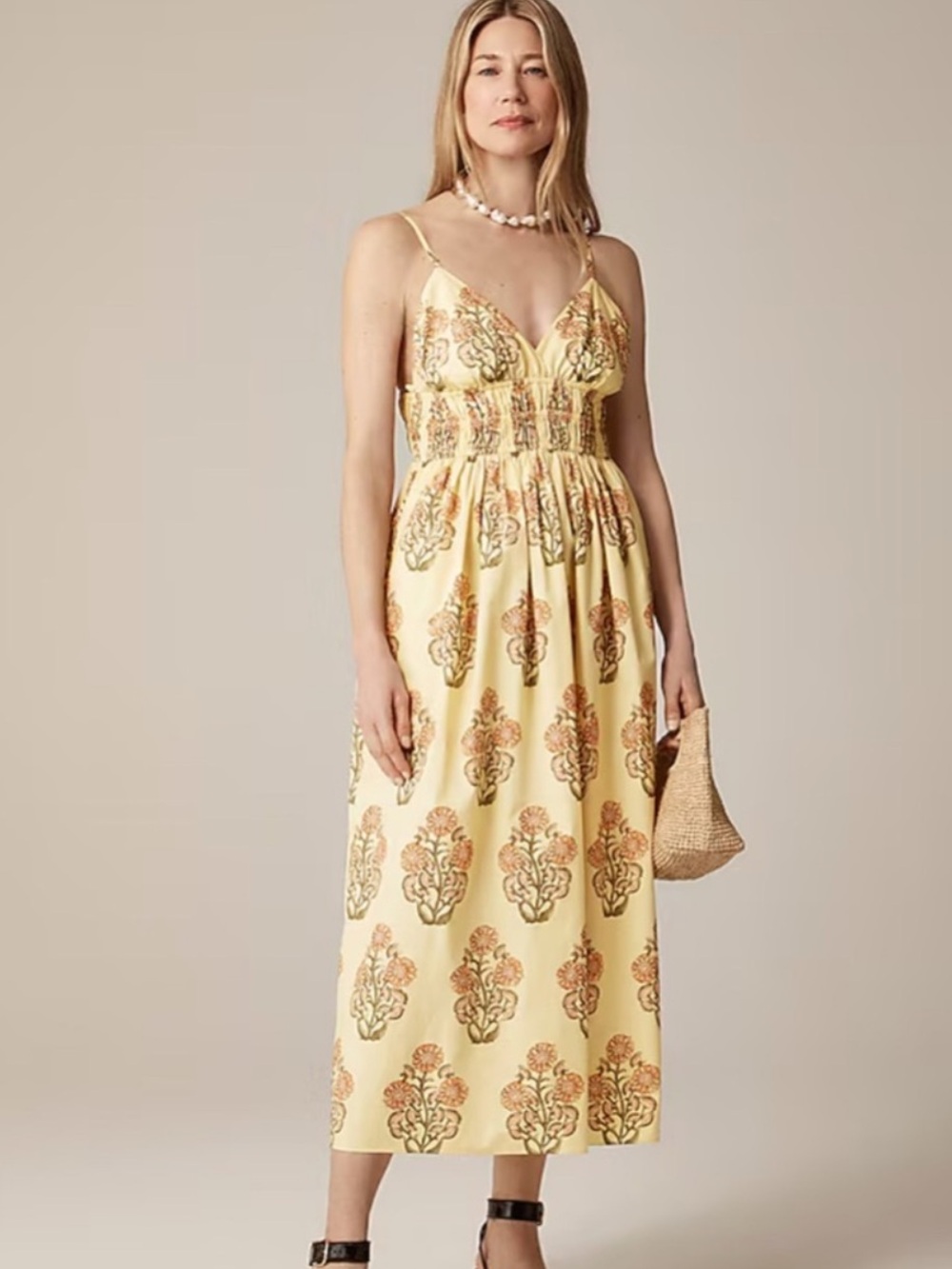 Smocked waist v neck dress in block print